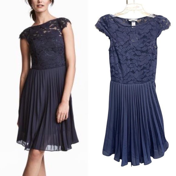 H&M Dark Navy Blue Floral Pleated Lace Dress Size 2 - Picture 2 of 12